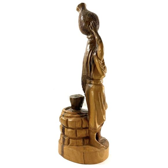 Hand Carved Olive Wood Figurine Woman with Water Jug at Well Folk Art 10.5” - Picture 4 of 6